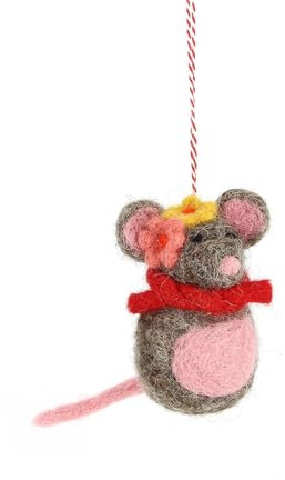 GLOBO Fair Trade Partner Filz Anhänger handgefertigter Christbaumschmuck aus Wollfilz Deko Figur Weihnachten Ostern Frühling Ornament - Handmade in Nepal (Maus mit Blumen)