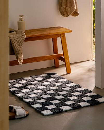 Wecon Home Badteppich Bobbi, 70 x 120 cm, anthrazit grau | Schachbrett-Design, waschbar 30°C, rutschhemmend