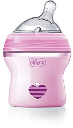 Chicco NaturalFeeling Biberón Anticólicos 0 Meses, 150 ml, con Tetina Inclinada de Silicona Suave y Doble Válvula Anti Cólicos, Alimentación Natural y Lactancia Mixta - Rosa