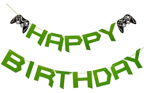 Happium Happy Birthday Game Theme Hanging Banner - Green Paper Letter Garland, Video Game Controller Theme Party Supplies for Kids Birthday Decorations