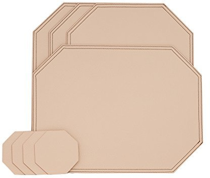 Nikalaz Platzsets und Untersetzer (4er set), recyceltem Leder, Platzdeckchen 40 x 30 cm und Untersetzer 10 x 10 cm (Cremaweis)
