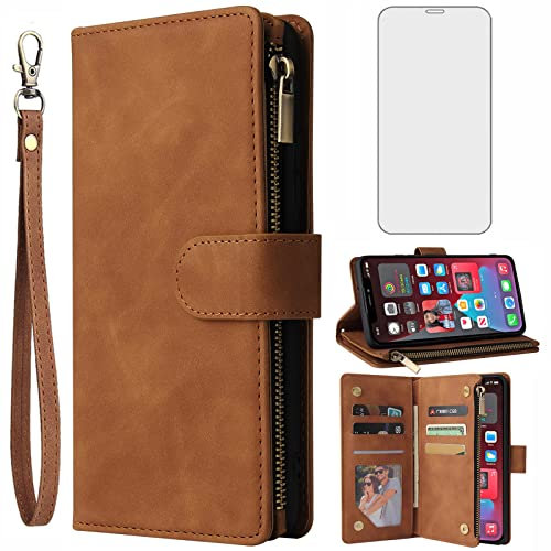 Asuwish Compatible with iPhone XR Wallet Case Tempered Glass Screen Protector Flip Cover Card Holder Cell Phone Cases for iPhoneXR iPhone10R i Phonex 10XR 10R 10 R RX CR iPhoneXRcases Women Men Brown