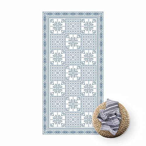 Vinyl-Teppich - Florales Fliesenmuster Blaugrau mit Bordüre, 80 × 40 cm, Vinyl