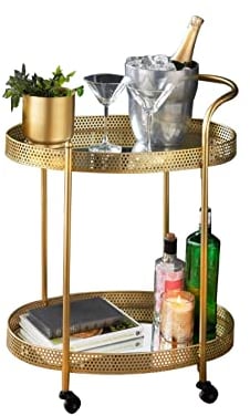 spot on dealz® Drinks Trolley Champagne Gold Kitchen serving cart with Two Glass Shelves Mini Bar Drinks Table With Wheels