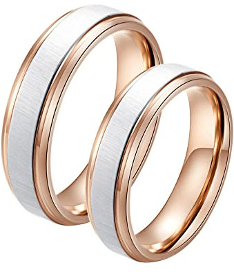 Bishilin Edelstahl Ringe Partnerringe mit Gravur, Matt Ringe Breit 6MM Rosegold Silber Damen Gr.60 (19.1) + Herren Gr.62 (19.7) Verlobungsringe Paar Trauringe Nickelfrei