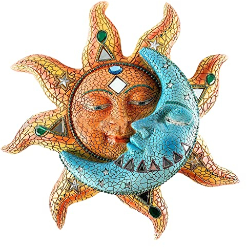 Metall Sonne Mond Wanddekoration,Metall Sonne 3D Wandkunst Dekorative,Retro Metall Buntes Sonnengesicht Wandskulptur Hängende Dekoration Outdoor Garten Deko für Home Veranda Zaun Wandschmuck (Blau)