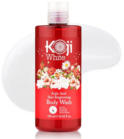 Koji White Gel douche éclaircissant à l'acide kojique pour la peau – Nettoyant hydratant quotidien pour la peau, teint inégal avec extraits d'acides de fleurs, acide hyaluronique, vitamine E et B5