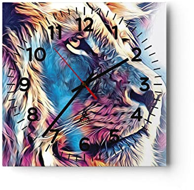 Modern Wanduhr Löwe Mähne Märchen 30x30cm Quadrat Klein Wand Uhr Glas Analog Zimmeruhren Küche Büro Wohnzimmer Glasuhr Wall Clock Dekoration Design Wanddekoration Küchenuhr C4AC30x30-4713
