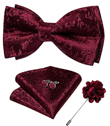 DiBanGu Seide Fliege für Herren mit Einstecktuch, quadratisch, Anstecknadel, Manschettenknöpfe, selbstgebundene Fliege, Weinrot 178, Einheitsgröße