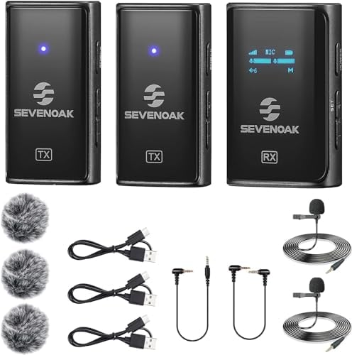 SevenOak Micrófono inalámbrico Lavalier con OLED, micrófono inalámbrico de Doble Solapa de 2,4 GHz con estéreo/Mono para teléfono con cámara iPhone Grabar Vlog Live Stream SKM-W4 K2 (2 TX+1 RX)