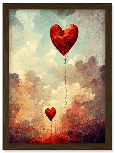 Doppelganger33 LTD Modern Abstract Floating Red Love Heart Balloons Artwork Framed Wall Art Print A4