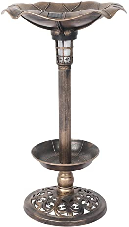 YORKSHIRE HOMEWARE Outdoor Solar Pedestal Bird Bath Fountain | Decoration Leaf Shape Bowl Design Feeder | Integrated Panel | Bird Bath Feeder Feeding Food Station Ornamental Solar Light,Bronze