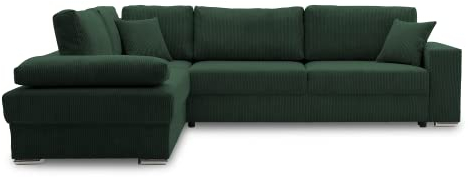Ecksofa FESTINA 290/230 mit schlaffunktion und Bettkasten - L-förmig - Stoff Cordstoff - Eckcouch mit dekorativen Kissen (Links, POSO 014 Flaschengrün)