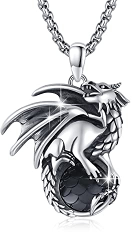 JFASHOP Drachen Kette 925 Sterling Silber Drache Anhänger Halskette Gothic Retro Fisth Skala Stein Oxidiert Retro Vintage Goth Punk Cool Dragon Schmuck für Männer Frauen Mädchen