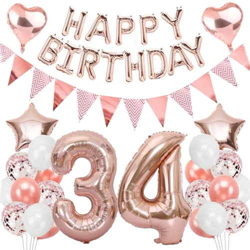 Ouceanwin Geburtstagsdeko 34 Jahre Frau, Rosegold Luftballon 34. Geburtstag Dekoration Set, Folienballon Zahl 34, Helium Ballon Happy Birthday Girlande für 34. Geburtstag Frauen Party Deko