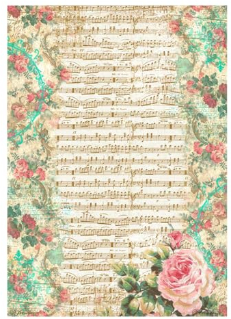 Stamperia Motiv-Strohseide Precious Rose and Music DIN A4 28g/qm Strohseidenpapier Découpage Motiv-Strohseide