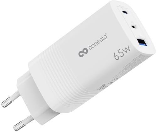 conecto Chargeur USB-C, Alimentation USB, 3 Ports, 2X USB-C 65 Watt Max. PD, 1x USB A 27 Watt Max, Chargeur Rapide GaN, Blanc