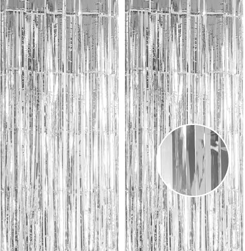 2pcs 3.2 x 8.3ft Glitter Sliver Tinsel Curtain Foil Curtain Decorations Metallic Tinsel Door Hanging Foil Flow Silk Streamers Photo Backdrop Decoration for Christmas Graduation Disco Wall Streamers