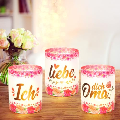 LOHAME 6 Stück Windlicht Tischdeko Oma Muttertag Tisch Deko Oma Geburtstag Geschenk Teelicht Windlichter Ich Liebe Dich Oma Geschenk Großmütter Teelichthalter für Teelichter LED Kerzen