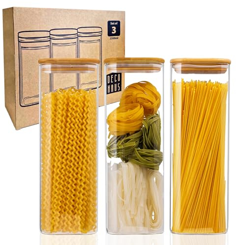 Deco haus® Spaghetti Aufbewahrung 3er Set Eckig - Vorratsgläser mit Deckel + Etiketten [LUFTDICHT] - Für Müsli, Cornflakes, Nudeln, Mehl - Vorratsdosen Glas mit Deckel - Aufbewahrungsglas 3x2300ml