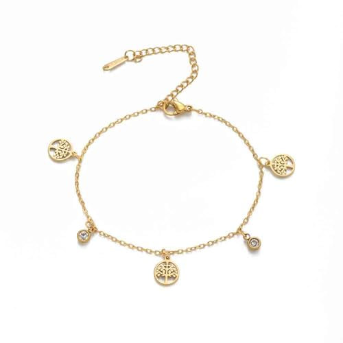 Amaxer Tree of Life Anklet for Women Viking Life Tree Rhinestone Pendant Charm Summer Barefoot Beach Foot Adjustable Chain (Gold)