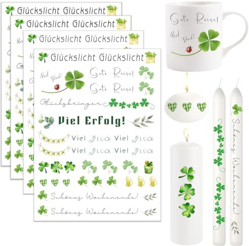 Ronoza® 4 Stück Kerzentattoos Glückslicht, Wasserschiebefolie Kerzen, Kerzenfolie, Kerzensticker, DIY Geschenk, Kerzentattoo, Kerzenaufkleber, Kerzen aufkleber, Kerzen Tattoo (Glückslicht A)
