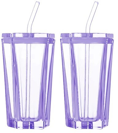Wnvivi 2 Stück Sternförmige Trinkgläser, 300 Ml Glas-Getränkebecher mit Deckel, Strohhalm, Farbverlaufsglas, Kaffee, Tee, Saft, Milchbecher für Zuhause, Pool, Strand(Lila)