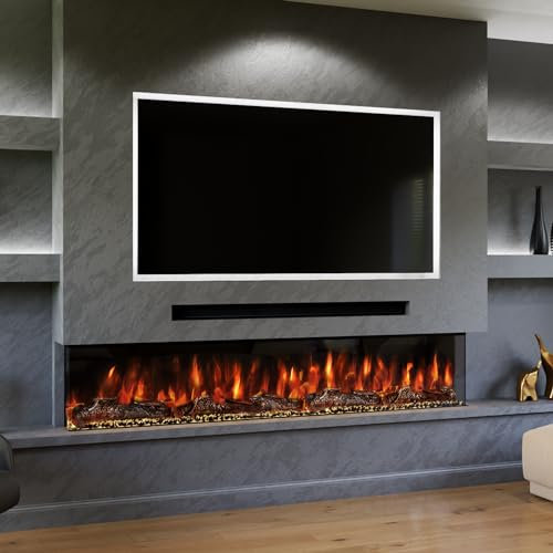 Evolution Fires Spectrum Series 82 inch Media Wall Fireplace, 3 Sided Panoramic Electric Fire, Wall Mounted, Touchscreen Controls & Remote Control, Crystal & Log Set (UK Mainland Shipping Only)