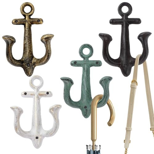 Notakia Decorative Wall Mounted Antique Shabby Chic Metal Home Bathroom Towel Coat Hooks Hanger, Vintage Rustic Cast Iron Wall Hooks (Large Nautical Towel Hooks 4Pcs)