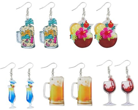 UNICRAFTALE 5 Paar Weinglas Ohrringe für Damen Bier Ohrhänger Cocktail Drink Ohrringe Lustige Kokosnuss Ohrringe Hawaiianische Sommer Ohrringe Whiskyglas Ohrringe Festliche Party Ohrringe für Frauen