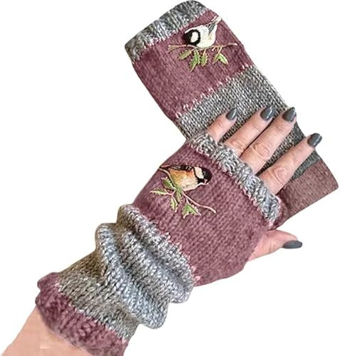 Armstulpen Damen Winter Handschuhe mit Vogelstickerei Fingerlos Strick Pulswärmer Damen Handstulpen Fäustlinge Strick Fingerlose Fäustlinge Stulpen Damen Hände Lange Handschuhe (Rosa, EINGRÖSSE)