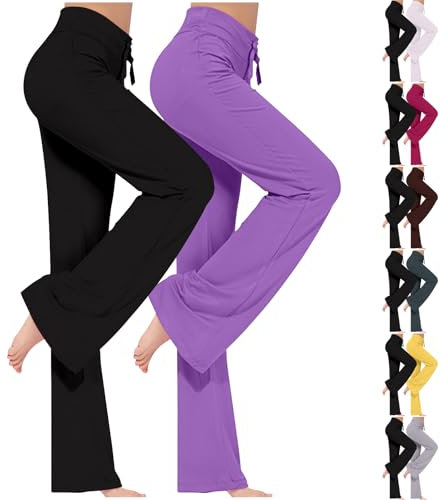 ZWDC 2er Pack Yogahose Damen Schlaghose Baumwolle Activewear Hosen High Waist Yoga Pants Bootcut Jeans Stretch Flared Stoffhose Flare Leggings Haushose Weites Bein Jazzpants Lang