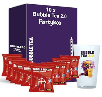Erdbeere Bubble Tea 2.0 Party Set – 10x Instant Bubble Tea Beutel inkl. Mehrwegbecher & Strohhalme – Perfekt für Kindergeburtstage & Partys