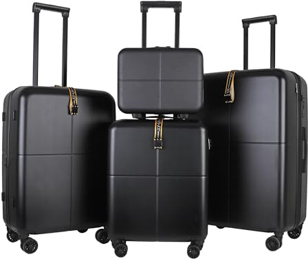 JLY 4 Piece Luggage Set, Vanity, Cabin, Medium and Large, Black | 100% Covestro polycarbonate, TSA locks, spinner wheels, waterproof pockets, medium and large expandable 17%