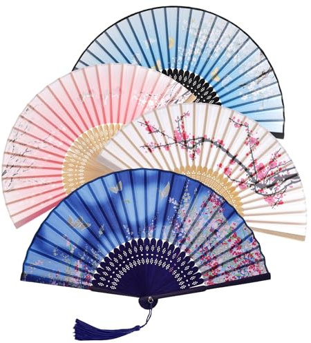 JTYKUYR Lot de 4 éventails chinois pliants en soie avec bambou pour femme, pour danse, fête, mariage, cosplay