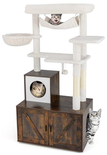 GYMAX Cat Tree with Litter Box Enclosure, 153 cm Cat Tower with Sisal Scratching Posts, Hammock, Basket Bed, Dangling Ball, Multi-Level Kitty Climbing Tower with Hidden Washroom for Indoor Cats
