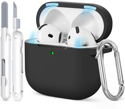 TNSNK für AirPods 4 Hülle (2024), Magnetic Lid Silikon Stoßfeste Schutzhülle mit Clean Kit & Keychain, Support Wireless Charging - Black