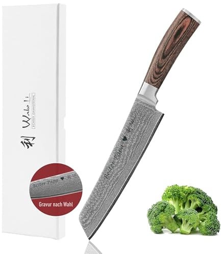 Wakoli EDIB Damast Chefmesser Tanto mit Gravur – Personalisiertes Messer, 20 cm Klinge aus 67 Lagen Damaststahl (VG10-Kern), Pakkaholzgriff – Scharfes Küchenmesser Geschenk, Geschenkverpackung