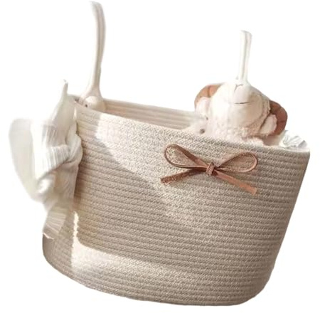 FROMCEO Baby-Nachttisch-Aufbewahrungskorb, natürliches Baumwollseil, gewebtes Design für Windeln, Zubehör, einfach aufzuhängen, Kinderzimmer-Organisation, platzsparende Kinderbett-Hängeaufbewahrung