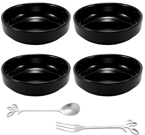 WaaRiuQ 4 Pcs Dipping Bowls, Small Bowl, Black Small Dish Set with Spoon and Fork, Snack Bowls for Sauces, Condiments, Dips, Perfect for Parties, Smalls Kitchens and Everyday Use