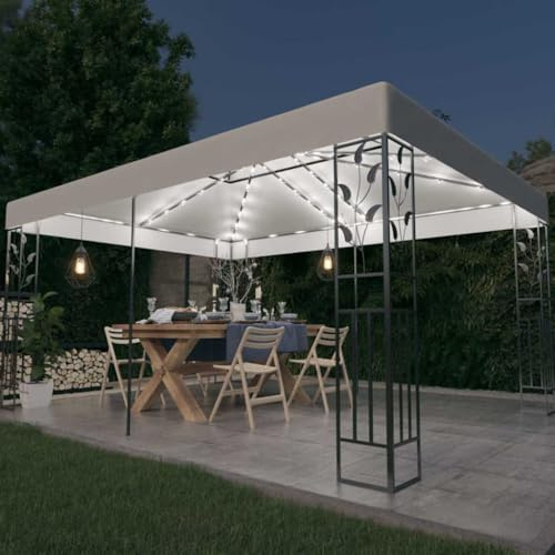 Pavillon mit Doppeldach und LED-Lichterkette 3x4 m Weiß für Garten Outdoor-Events, Robuster Stahlrahmen mit wasserbeständigem Polyesterdach, Solarbetriebene Beleuchtung