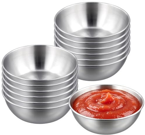 SENJEOK 12 Pack 3.3oz Stainless Steel Small Bowls, Silver, 8.8 x 6 x 3cm, Metal Sauce Dishes for Appetiser