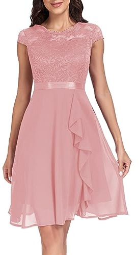 Hochzeitsgast Kleid Damen Festliches Elegantes Chiffon Cocktailkleid Abendkleid mit Kurzarm & Rüschen