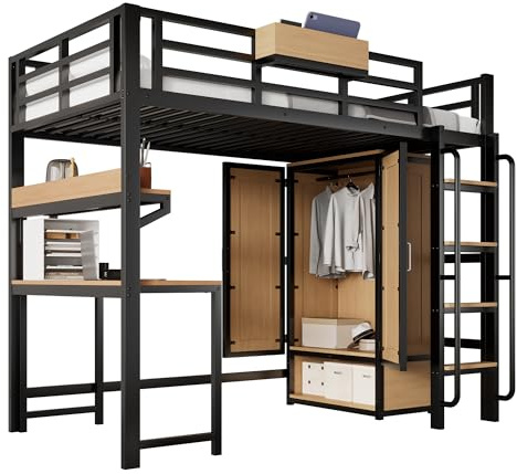 SOFTWEARY Hochbett mit, Schreibtisch, Regal, Kleiderschrank, Lattenrost, Leiter, Rausfallschutz und Aufbewahrungsbox, 90x200cm, Kinderbett, Metallbett