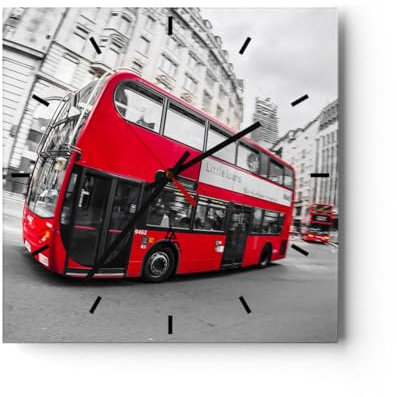 Modern Wanduhr Bus London Reise Tourismus 30x30cm Quadrat Klein Wand Uhr Glas Analog Zimmeruhren Küche Büro Wohnzimmer Glasuhr Wall Clock Dekoration Design Wanddekoration Küchenuhr C3AC30x30-2730