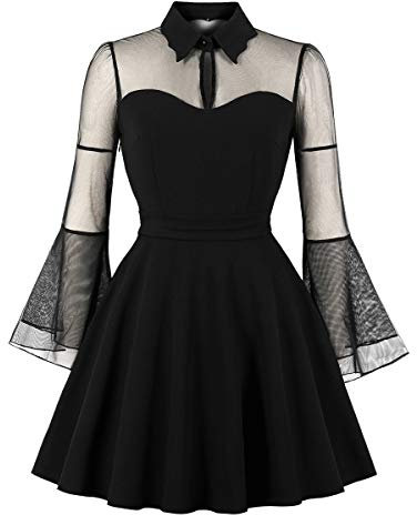 Wellwits Women's Keyhole Mesh Bell Long Sleeve Knee Swing Cocktail Dress M Black