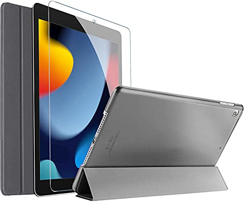 ProCase Falt Hülle mit Display Schutzfolie für iPad 10.2 Zoll 2021 9th/ 2020 8th/ 2019 7th Gen, Dreifach Klapp Schutzhülle Case,Ultra Dünn Leicht Ständer Smart Cover –Grau