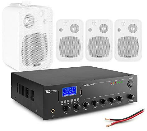 Power Dynamics Background Music System with Bluetooth Amplifier & 4 Wall Speakers, 100V Commercial PA Audio Kit, Ideal for Cafes, Bars, Restaurants & Shops, 50W Mixer Amp, White, Set of 4