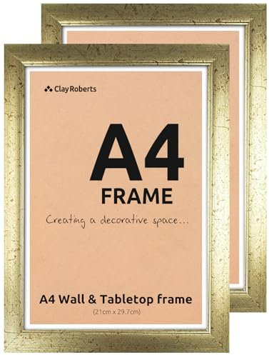 A4 Photo Frame, Gold, Pack of 2, Picture Frame, Certificate, Art Print Poster, 21cm x 29.7cm, Gold Frames, A4 Photo Collage Gallery Display
