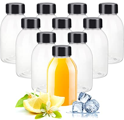 YBCPACK 12 Stück 250 ml transparente Kunststoff-Saftflaschen mit Deckel, 1 Bürste - leere Smoothie-Flaschen aus Kunststoff, ideal für Saft, Milch, hausgemachte Getränke